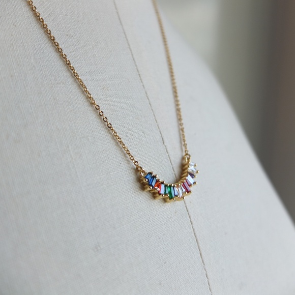 Rainbow Curve Crystal Bar Pendant Necklace - Picture 9 of 11